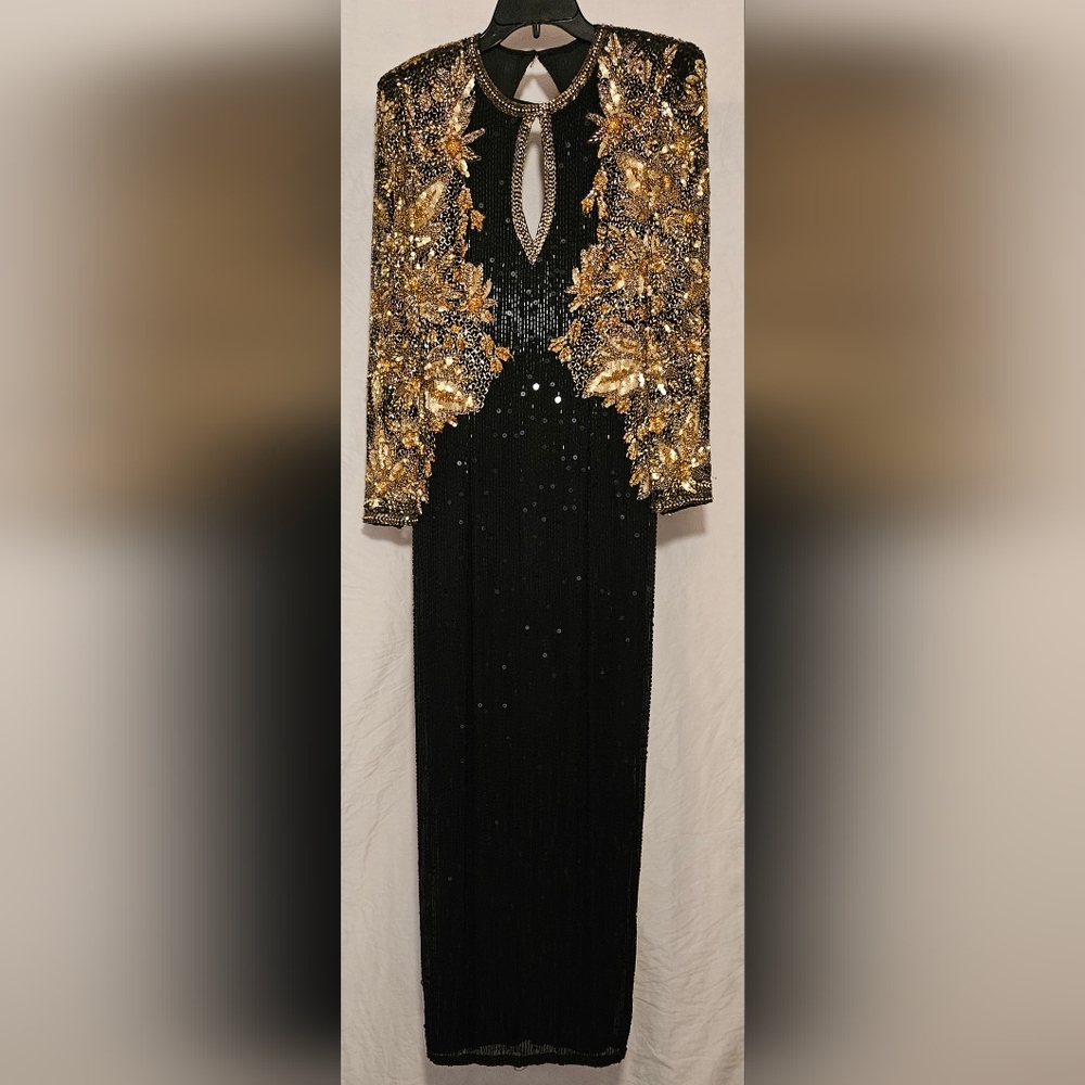 Vintage 1980s Lillie Rubin Gold black all over beaded gown sz 6 Maxi